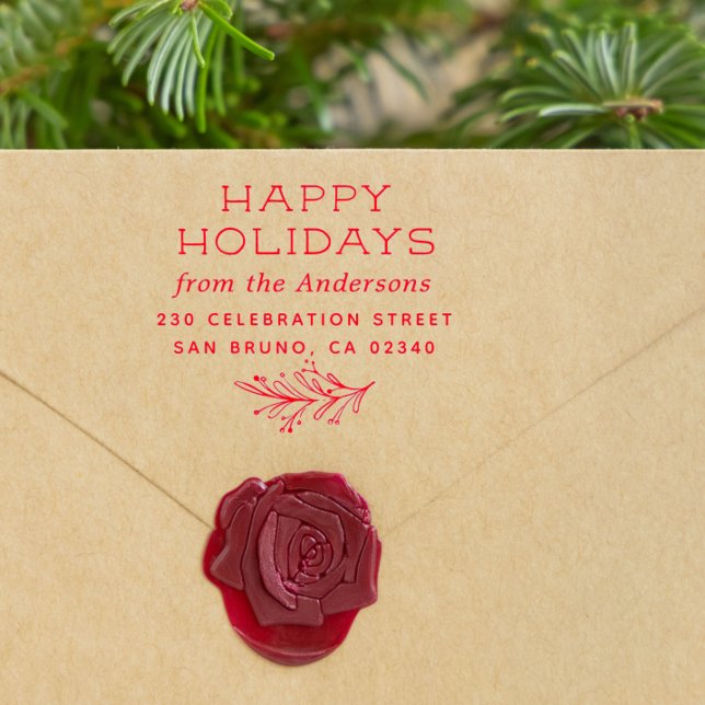 Winter Sprig Happy Holidays Name & Return Address Rubber Stamp (Creator Uploaded)