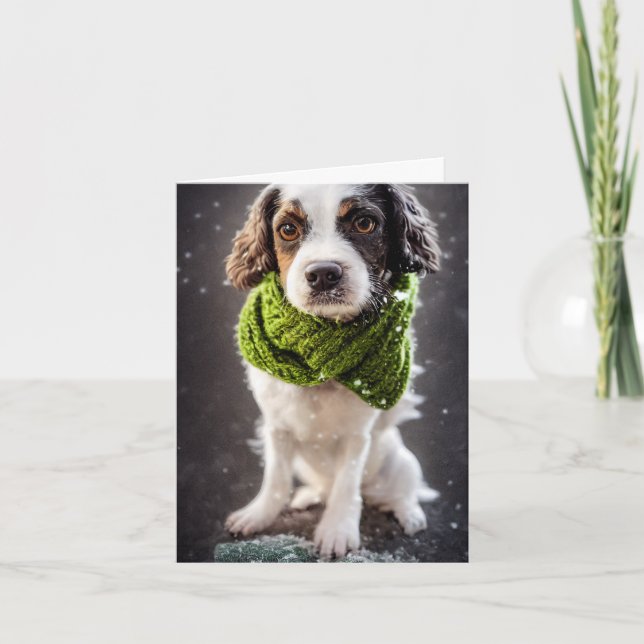 Winter Springer Spaniel Puppy Greeting Card (Front)