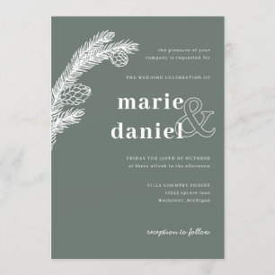 winter spruce on green wedding invite