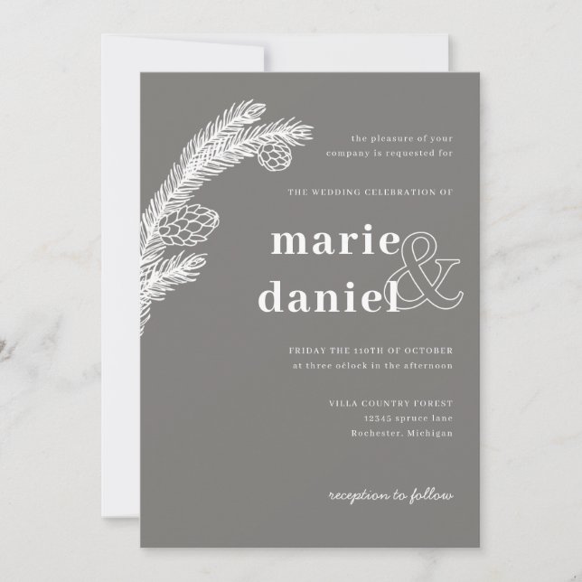 winter spruce on grey wedding invite (Front)