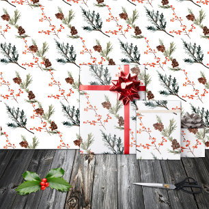 Winter Spruce Pine Branch Cones Red Ilex Berries Wrapping Paper