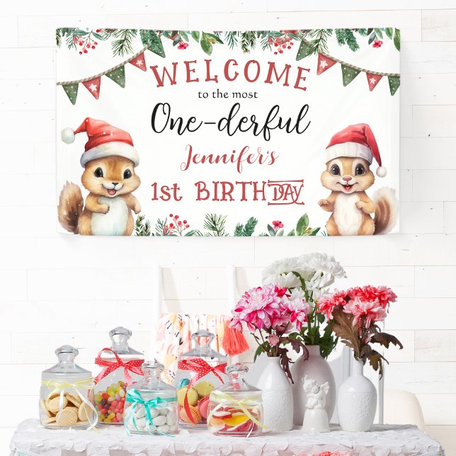 Winter Squirrel Christmas 1st Birthday Party Banner (Creator Uploaded)