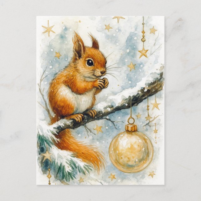 Winter Squirrel Golden Ornament Christmas Postcard (Front)