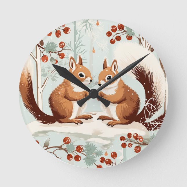 Winter Squirrel Love Round Clock (Front)