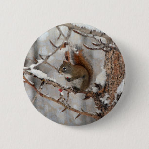 Winter Squirrel, Snow & Red Berries Xmas Design 6 Cm Round Badge