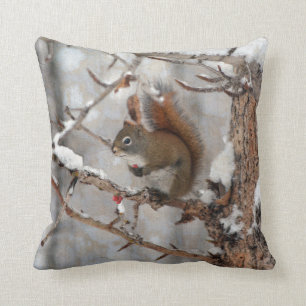 Winter Squirrel, Snow & Red Berries Xmas Design Cushion
