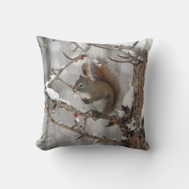Winter Squirrel, Snow & Red Berries Xmas Design Cushion (Front)