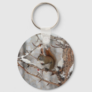Winter Squirrel, Snow & Red Berries Xmas Design Key Ring