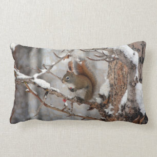 Winter Squirrel, Snow & Red Berries Xmas Design Lumbar Cushion
