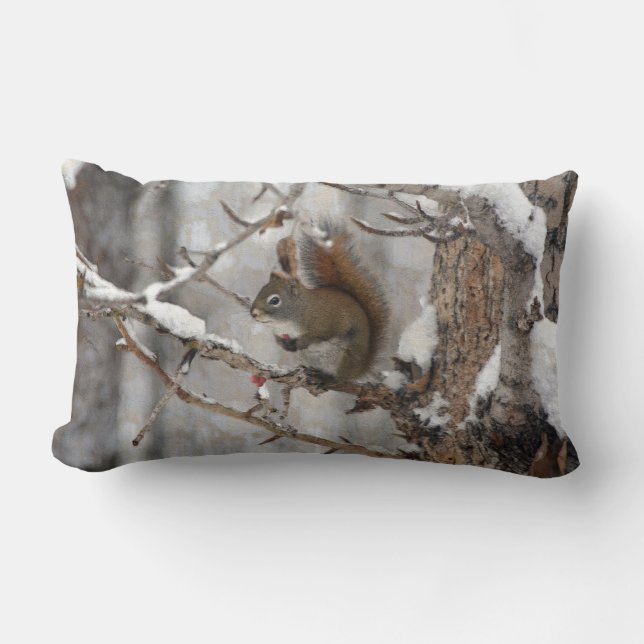 Winter Squirrel, Snow & Red Berries Xmas Design Lumbar Cushion (Front)