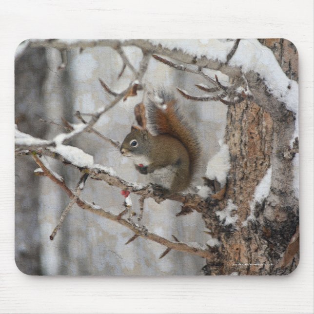 Winter Squirrel, Snow & Red Berries Xmas Design Mouse Mat (Front)