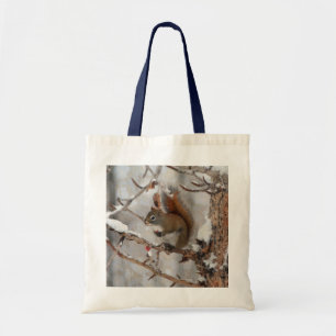 Winter Squirrel, Snow & Red Berries Xmas Design Tote Bag
