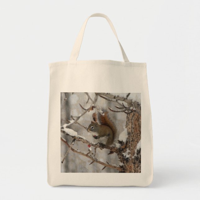 Winter Squirrel, Snow & Red Berries Xmas Design Tote Bag (Front)