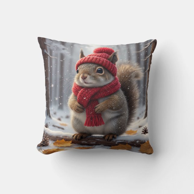 Winter Squirrel Throw Pillow (Front)