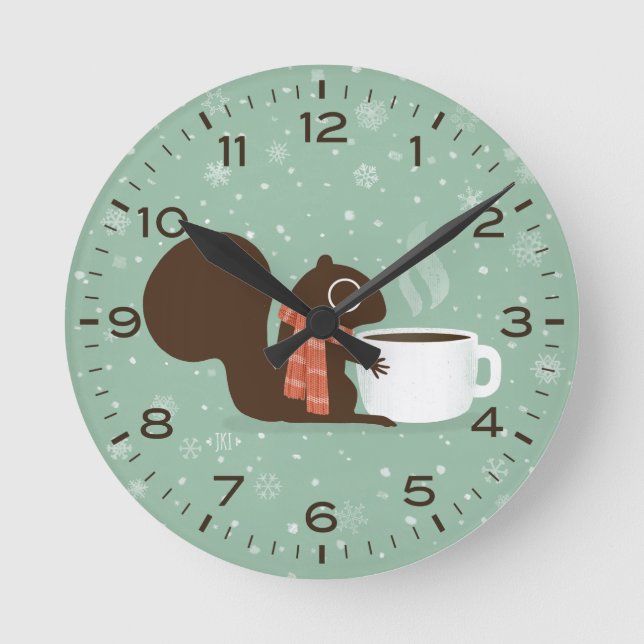 Winter Squirrel with Coffee Cute Woodland Animal Round Clock (Front)