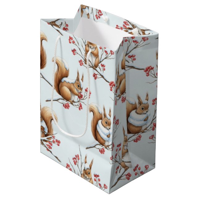 Winter Squirrels Among Snowy Branches Medium Gift Bag (Front Angled)
