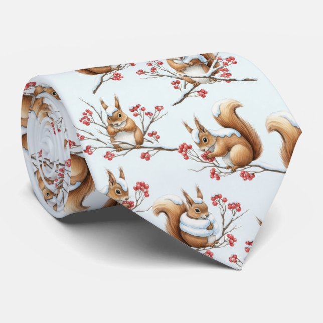 Winter Squirrels Among Snowy Branches Tie (Rolled)