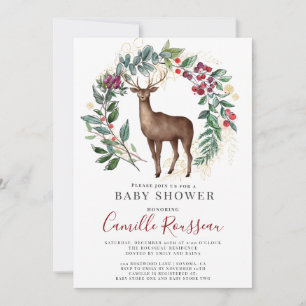 Winter Stag Holly Wreath Baby Shower Invitation