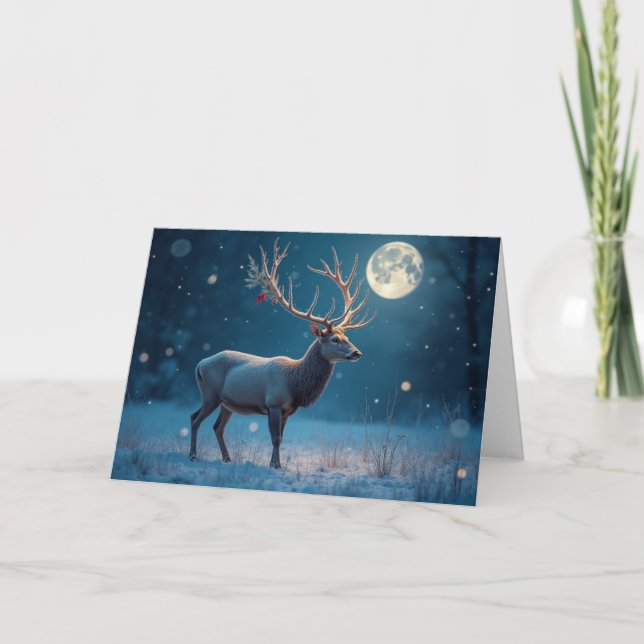 Winter Stag Moonlit Snow Christmas Holiday Card (Front)