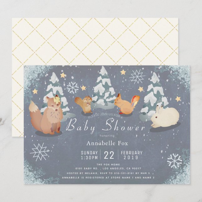 Winter Starry Night Woodland Animals Baby Shower Invitation (Front/Back)