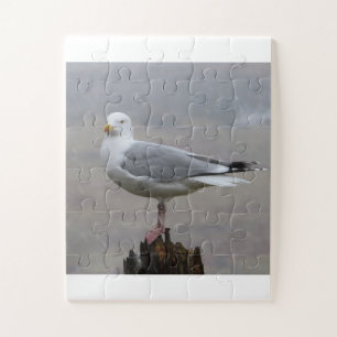 Winter Storm Seagull Bird On Wooden Post Jigsaw Puzzle