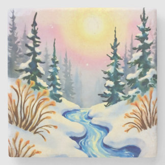 Winter Stream Landscape Stone Coaster