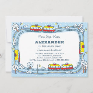 Winter Street Trams Kids Transportation Birthday Invitation