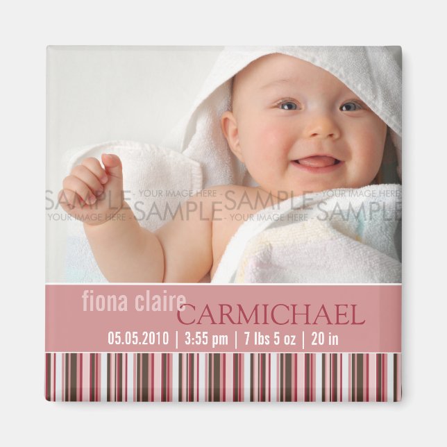 Winter Stripes Pink • Baby Announcement Magnet (Front)