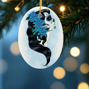 Winter Sugar Skull Blue Snowflakes Ceramic Tree Decoration