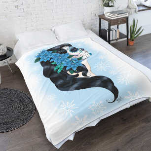 Winter Sugar Skull Blue Snowflakes Fleece Blanket