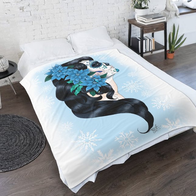 Winter Sugar Skull Blue Snowflakes Fleece Blanket (Creator Uploaded)