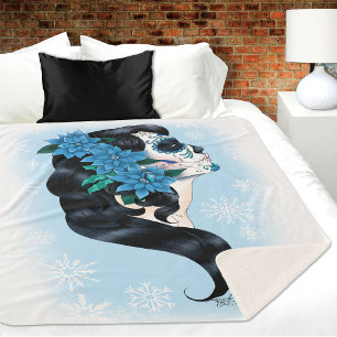 Winter Sugar Skull Blue Snowflakes Sherpa Blanket