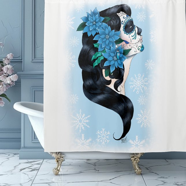 Winter Sugar Skull Blue Snowflakes Shower Curtain (Creator Uploaded)