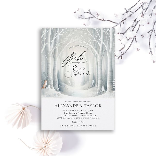 Winter Sun Forest Woodland Fox Neutral Baby Shower Invitation (winter baby shower invitation neutral white wonderland enchanted forest woodland fox birds snowy whi)