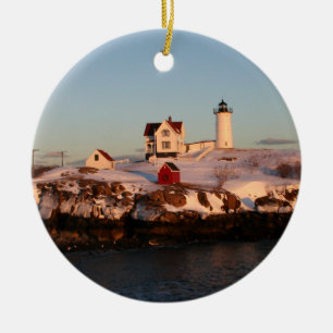 Winter Sunset at Nubble Light  Ceramic Tree Decoration