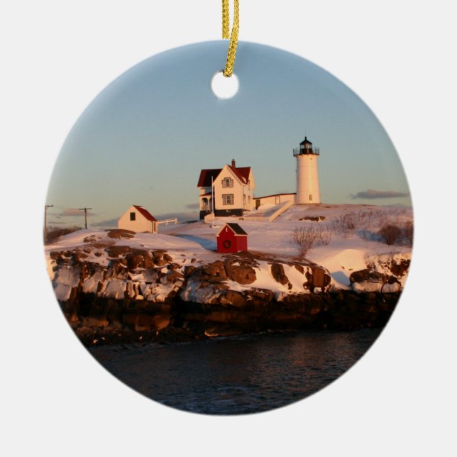 Winter Sunset at Nubble Light  Ceramic Tree Decoration (Front)