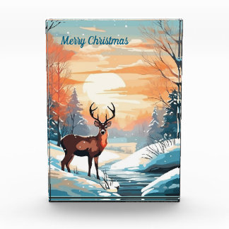 Winter sunset deer photo block