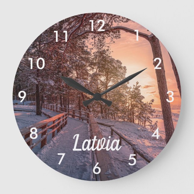 Winter sunset in pine forest near sea large clock (Front)