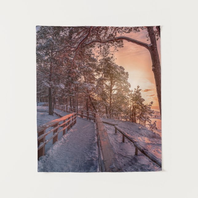Winter sunset in pine forest near sea tapestry (Front)