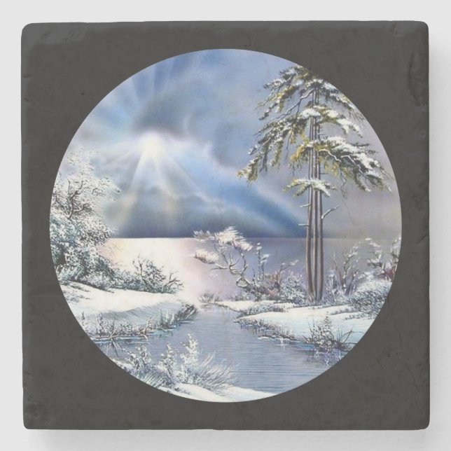 Winter Sunset Over the Water Stone Coaster (Front)