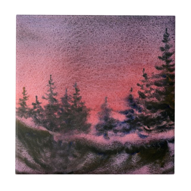 Winter sunset pines nocturnal landscape Tile (Front)