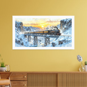 Winter Sunset – Steam Train On a Snowy Bridge Canvas Print