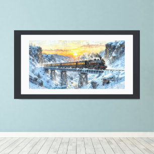 Winter Sunset – Steam Train On a Snowy Bridge Canvas Print