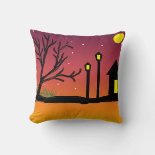Winter Sunset Street with Snow and Silhouettes Cushion