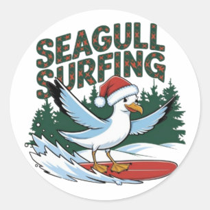 Winter Surfer Seagull, Seagull Merry Christmas Classic Round Sticker