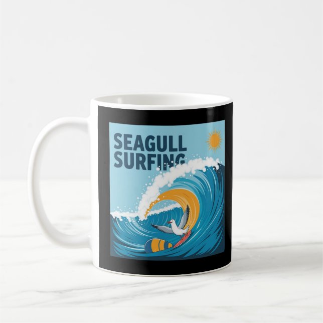 Winter Surfer Seagull, Seagull Surfing Coffee Mug (Left)