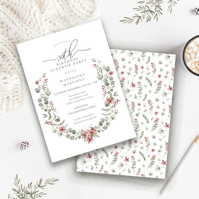 Winter Surprise Party Greenery 50th Birthday Invitation (Creator Uploaded)