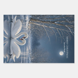 Winter Swan Christmas, Moonlit Lake Holiday design Wrapping Paper Sheet