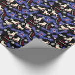 Winter Sweater Sets and Skates on Black Wrapping Paper<br><div class="desc">This original fun winter outdoor sports design (including pairs of cream coloured ice skates, jester red sleds, adorable dazzling blue hand knit sweaters with matching hats and mittens, and, of course, sprinkled with glorious white snowflakes) is dramatically set off against a glossy black background. A great modern look on luxuriously...</div>