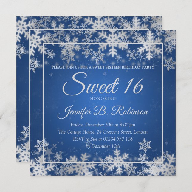 Winter Sweet 16 Birthday Blue Silver Snowflakes Invitation (Front/Back)